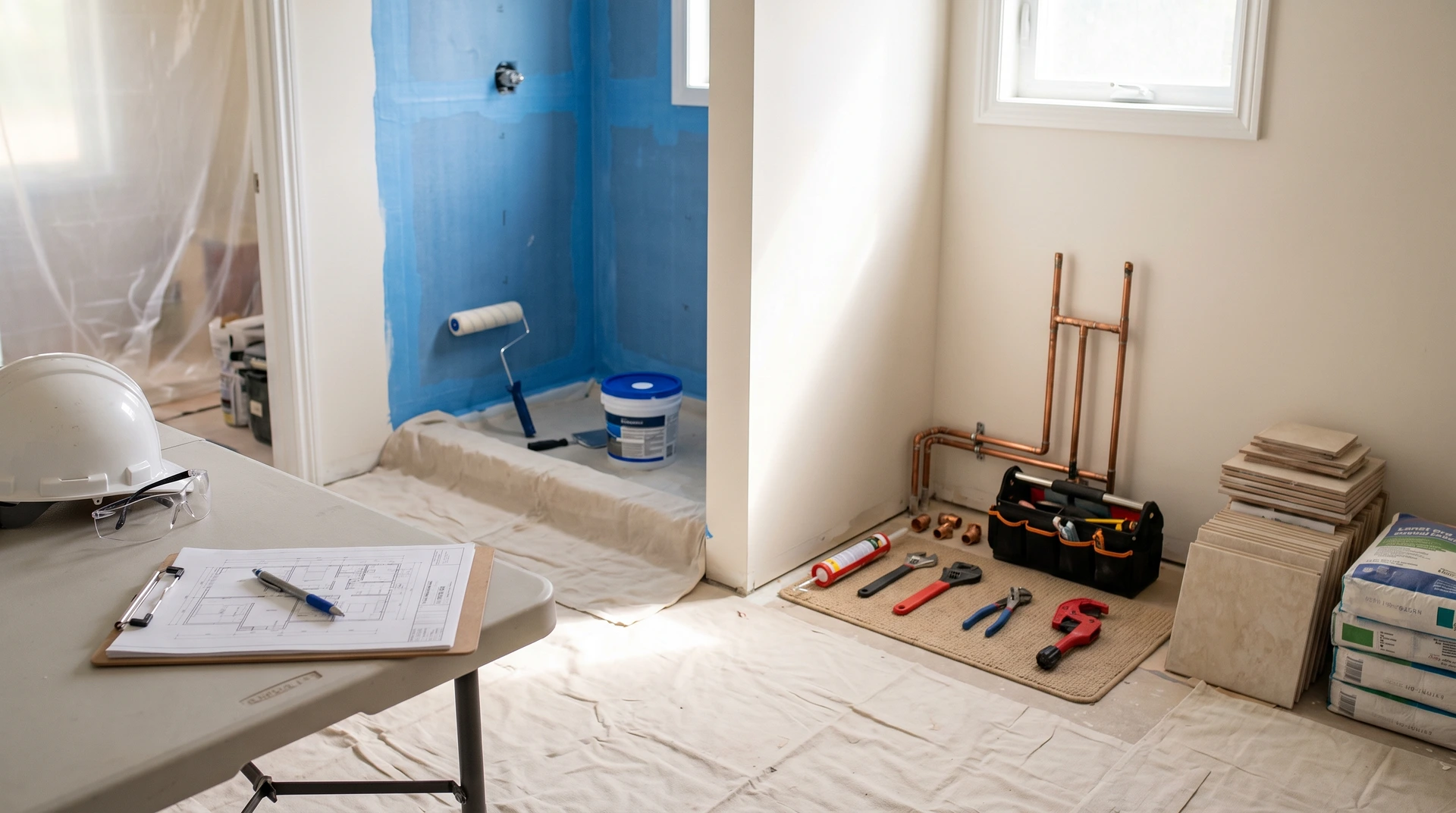 Badrumsrenovering med verktyg, kopparrör, kakel och byggritningar på bord.